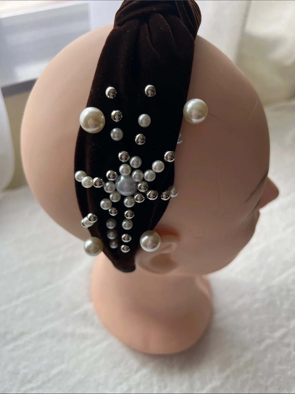 Natasha Couture Brown  Velvet Pearl Rhinestone Knotted Headband Embellished